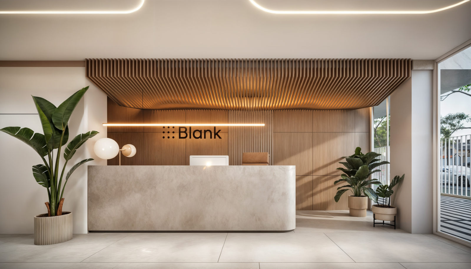 Lobby de acceso de Blank Design con recepción