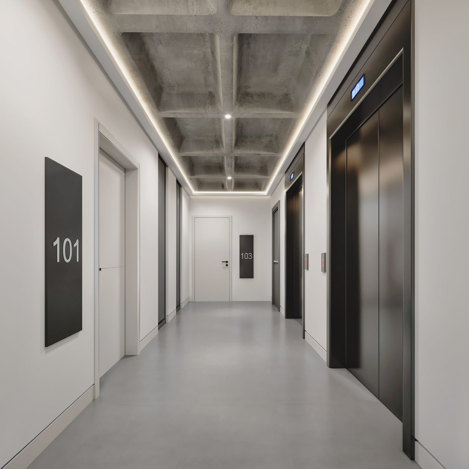 Pasillo de acceso a los departamentos, con ascensores